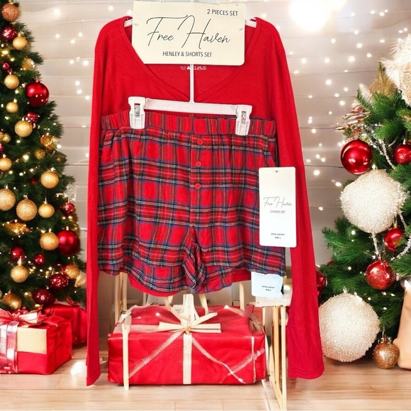 Free w/ Purchase 2 Piece by Free Haven Pajamas Henley & Shorts Plaid Flannel Red - Picture 6 of 15